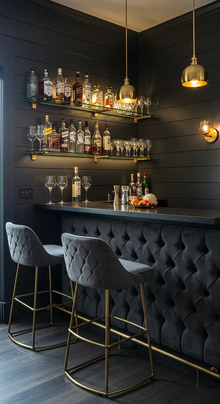 A sophisticated home bar with a quilted front, glass shelves, and grey tufted bar stools.