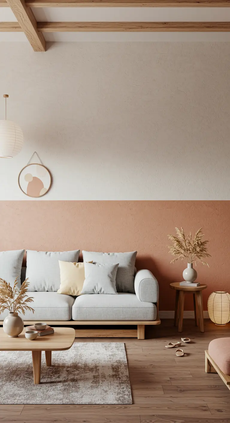 A light grey sofa against a wall half-painted with textured terracotta-colored paint.