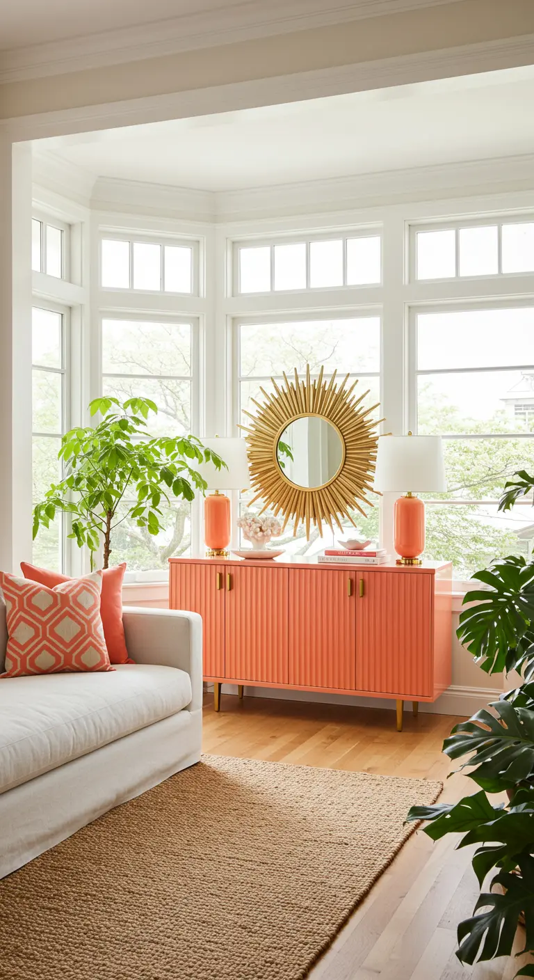 A fluted coral-colored lacquer credenza sits in a bright bay window.