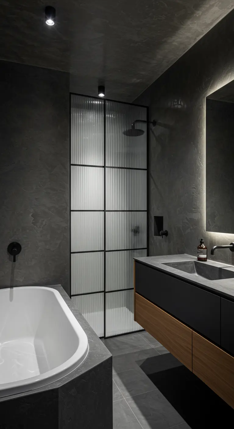 Modern grey bathroom with a black-framed fluted glass shower screen and a wood vanity.