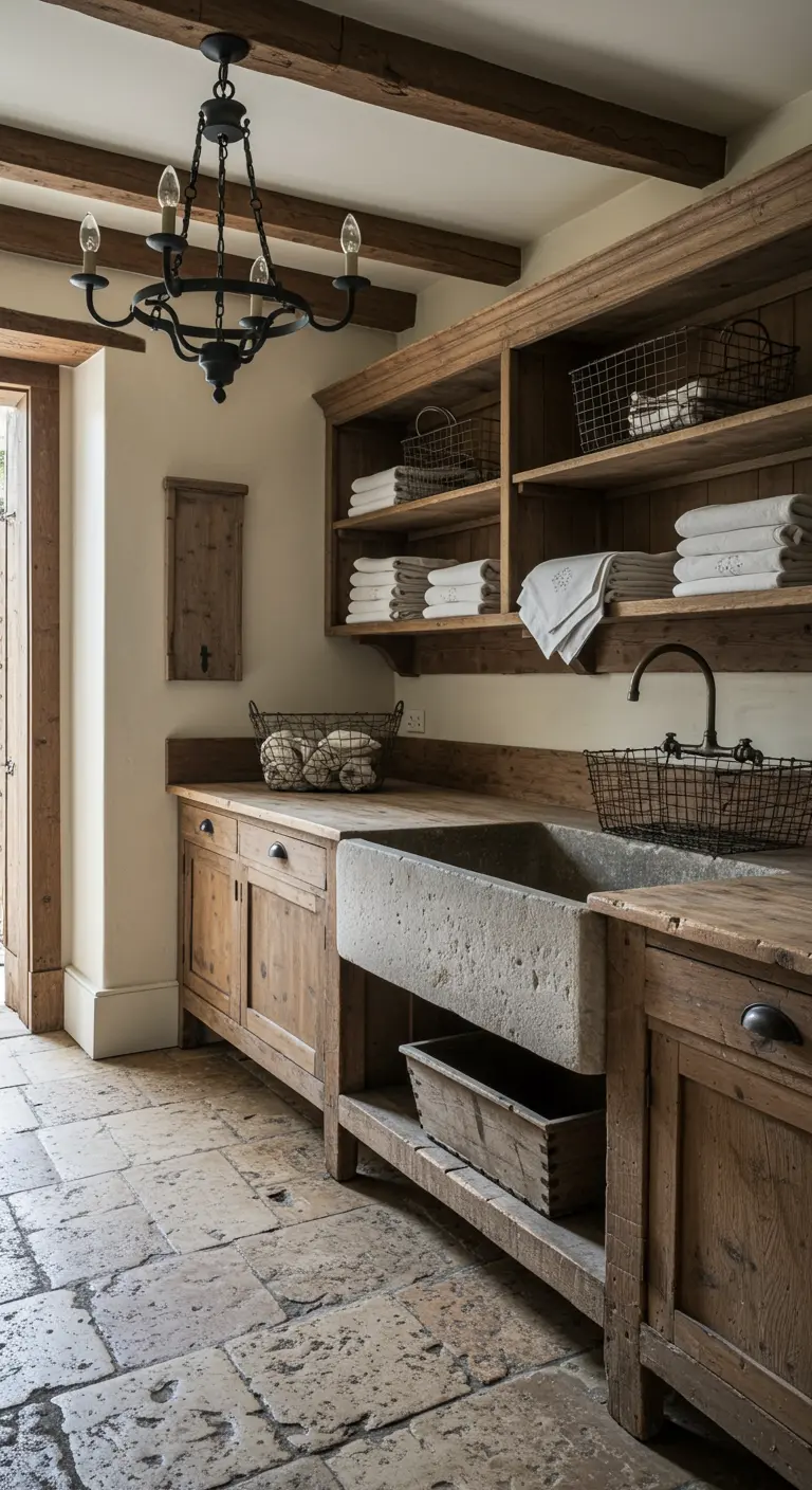 A rustic laundry room with a large stone sink, open wood shelving, and stone floors.