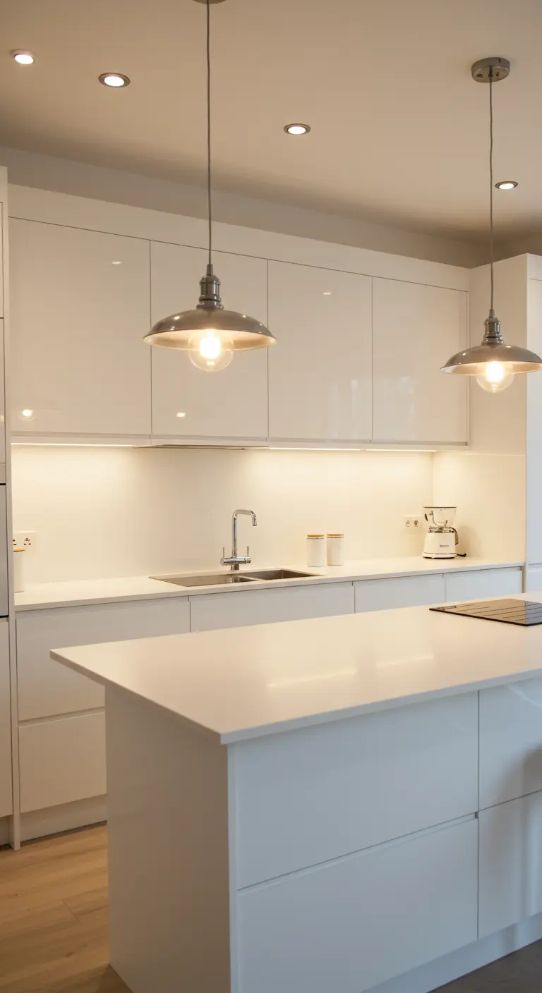 High-gloss white kitchen with two industrial-style metal pendant lights over the island.