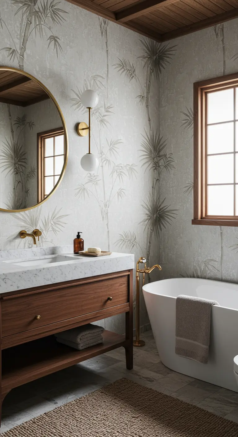 Rustic bathroom with bamboo-print wallpaper, a wood vanity, and a wood-paneled ceiling.