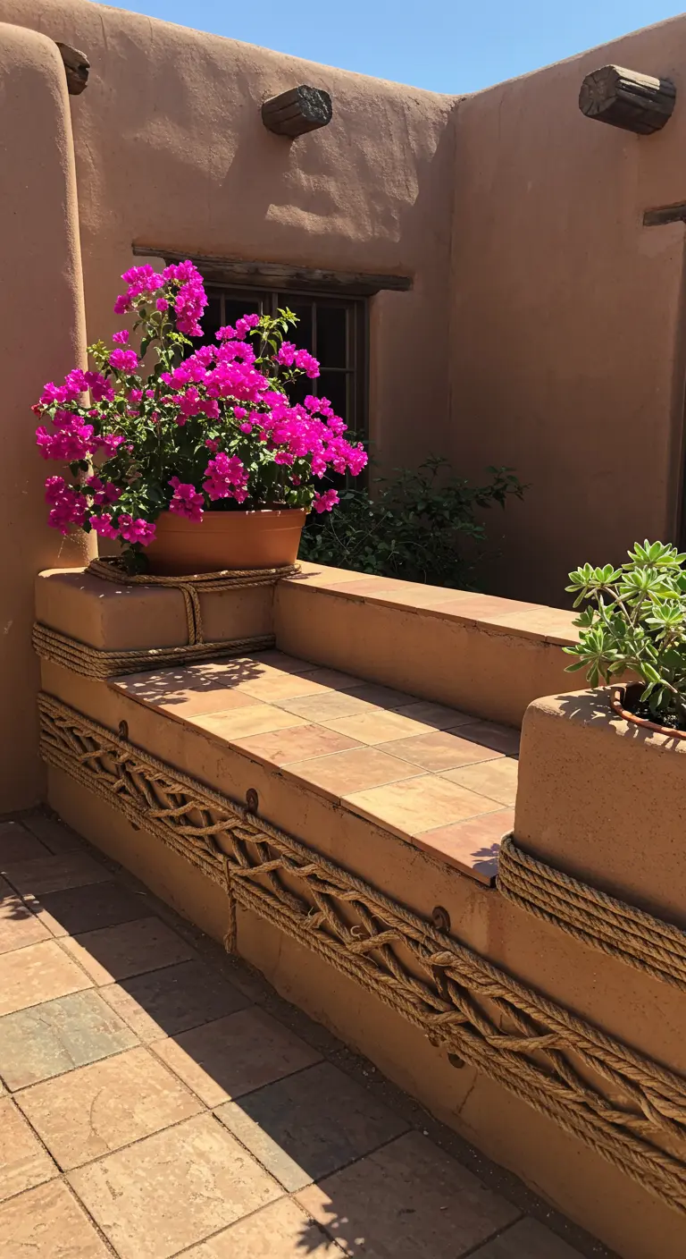 An adobe bench with intricate rope detailing on its facade, topped with terracotta tiles.