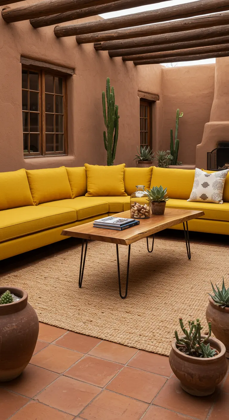 A mustard sectional in a terracotta-walled courtyard with exposed wood beams and cacti.