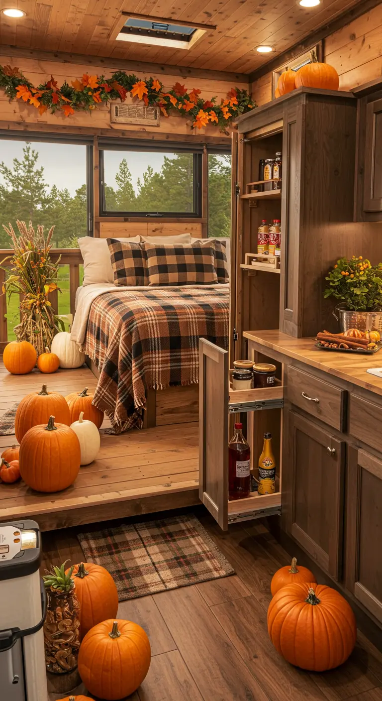 Tiny home decorated for autumn with pumpkins, plaid blankets, and a pull-out pantry.