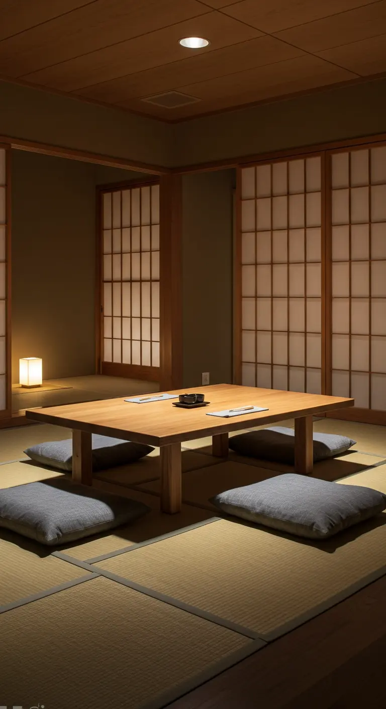Traditional Japanese dining setup with a low table and floor cushions on tatami mats.