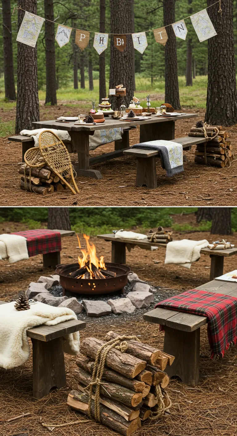 Outdoor party with a campfire, wooden benches, and rustic decor.