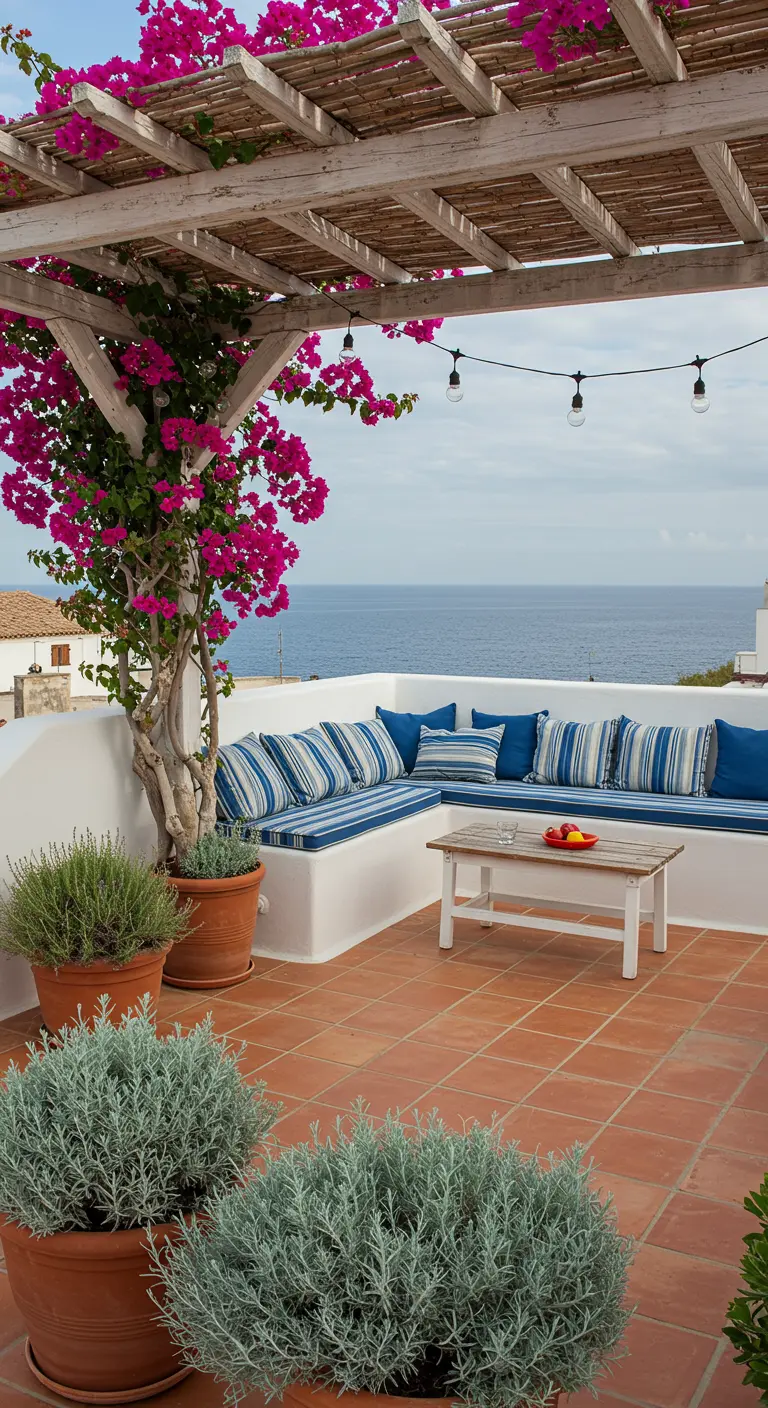A Mediterranean-style terrace with a bougainvillea climbing a pergola and blue and white striped cushions.