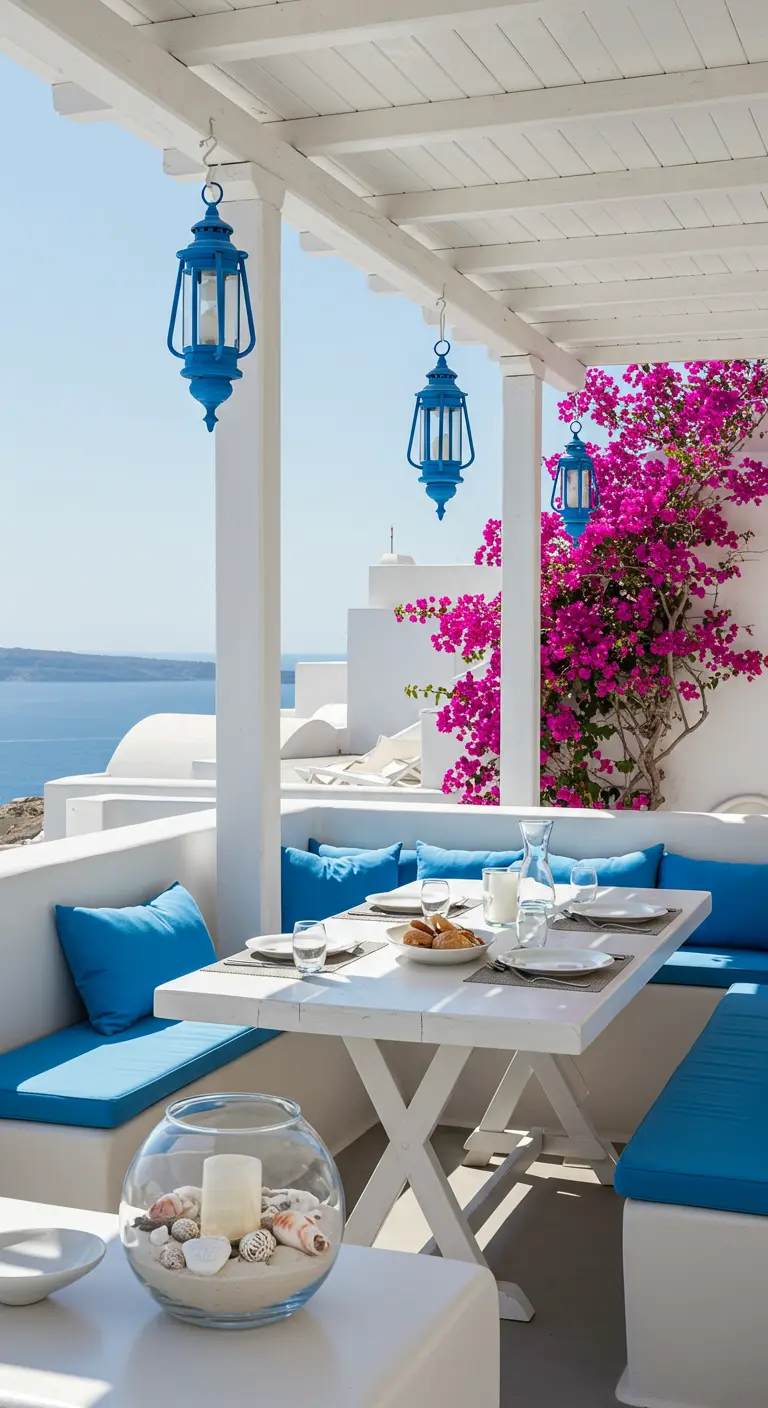White terrace with blue cushions and hanging blue lanterns next to blooming bougainvillea.