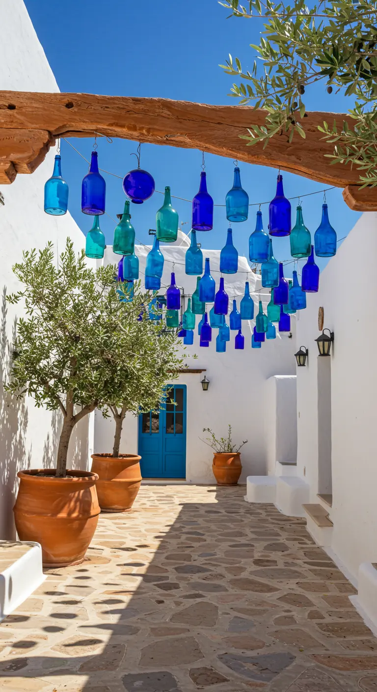An array of blue glass bottles hanging in a whitewashed Mediterranean courtyard.