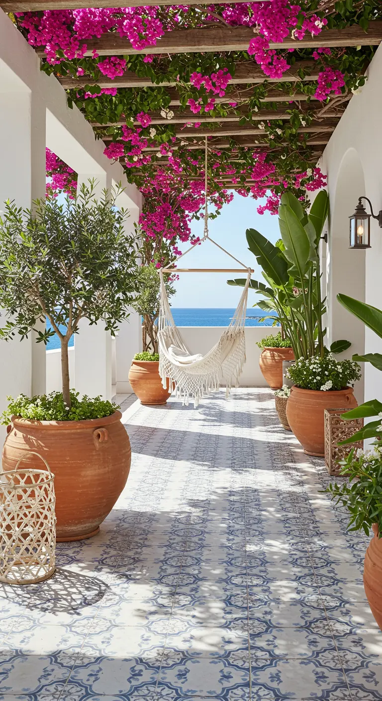 Whitewashed terrace with a bougainvillea-covered pergola, a macrame hammock, and ocean view.