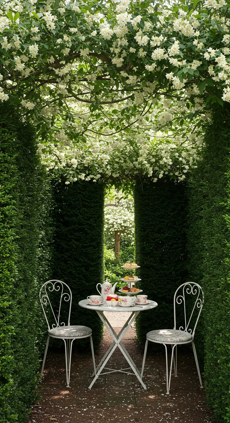 A white bistro set for afternoon tea, secluded within a room of tall, clipped hedges.