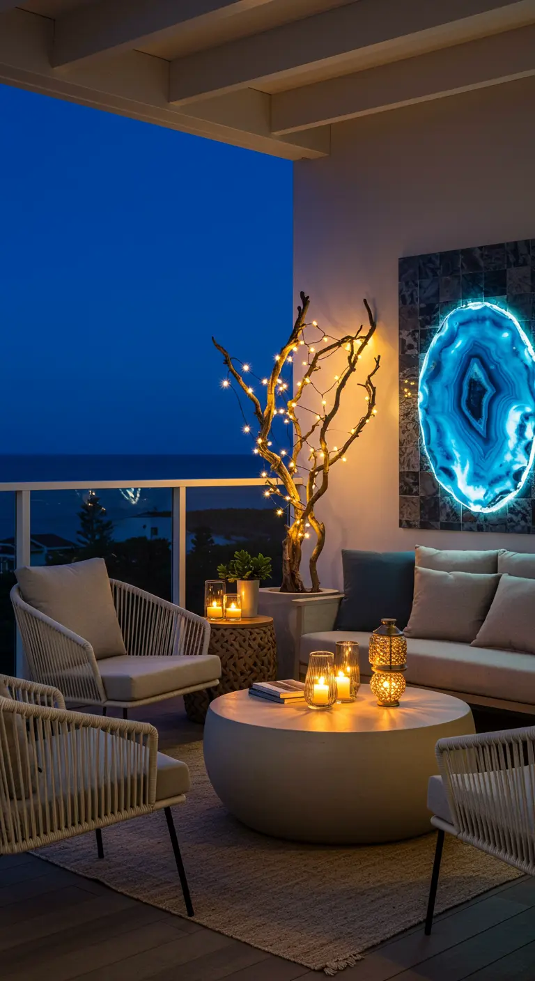 A balcony at night with chairs, candles, and a large, backlit blue agate slice on the wall.