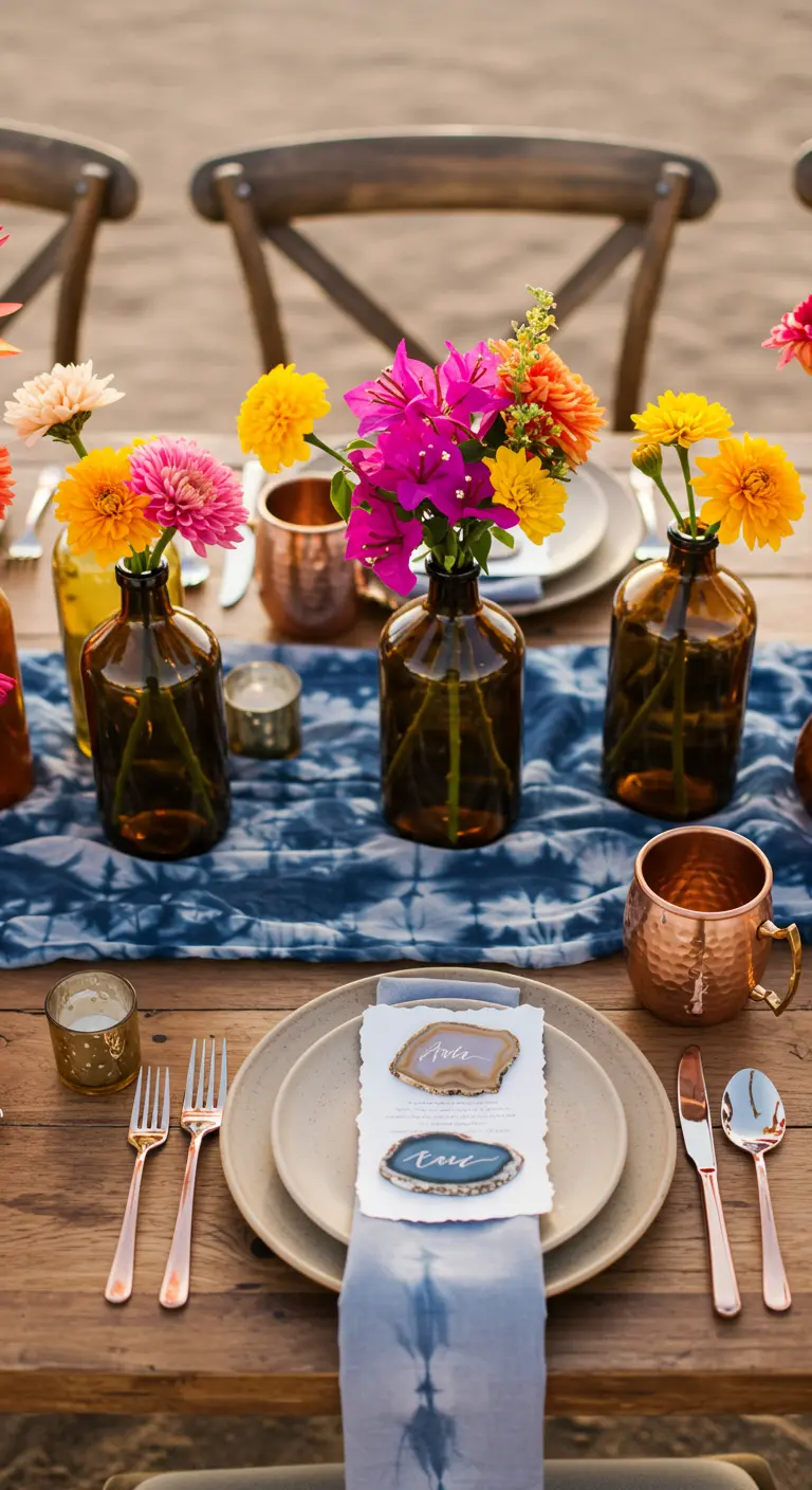 A place setting with agate slice name cards and a tie-dye napkin.