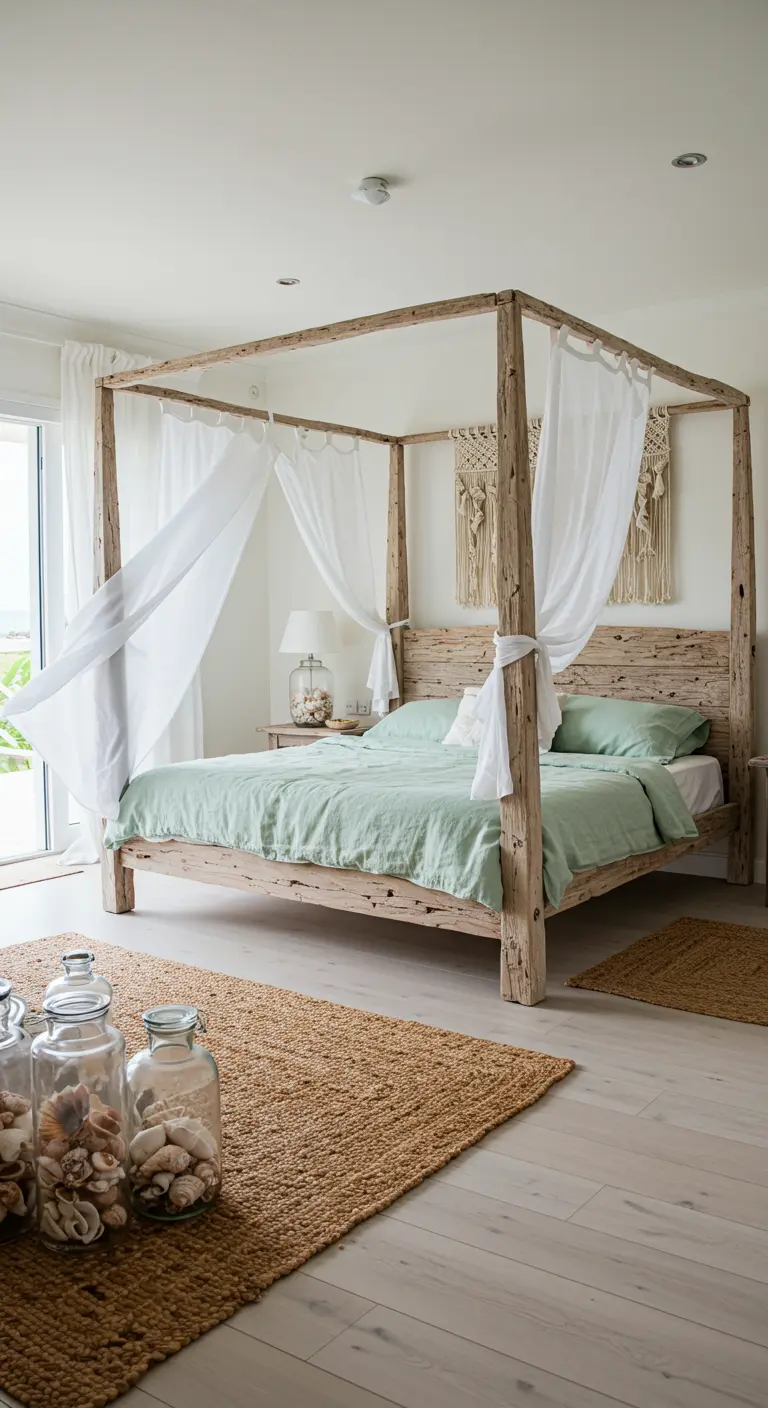 Reclaimed wood canopy bed with sheer white drapes and sage green linens in a bright room.