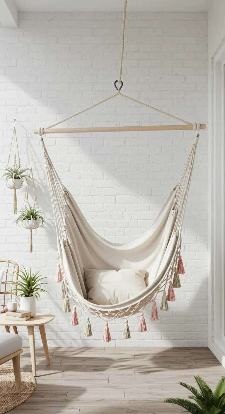 A simple canvas hammock chair with muted tassels hanging against a white brick wall.