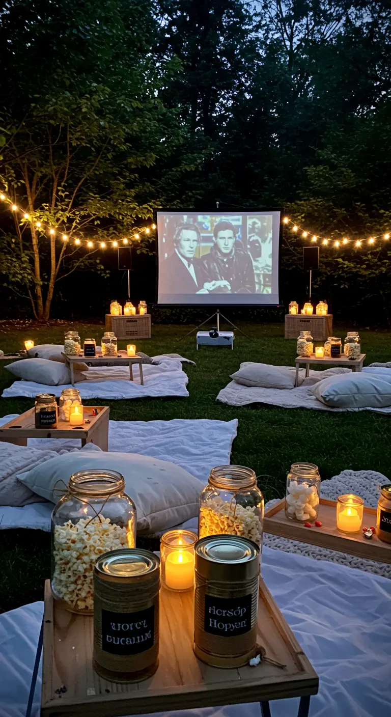 Outdoor movie night setup with a projector screen, blankets, and jars/cans holding popcorn and candles.