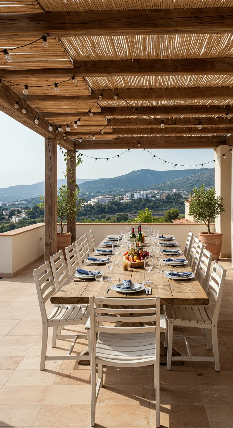 A long outdoor dining table under a pergola lit by a canopy of string lights.
