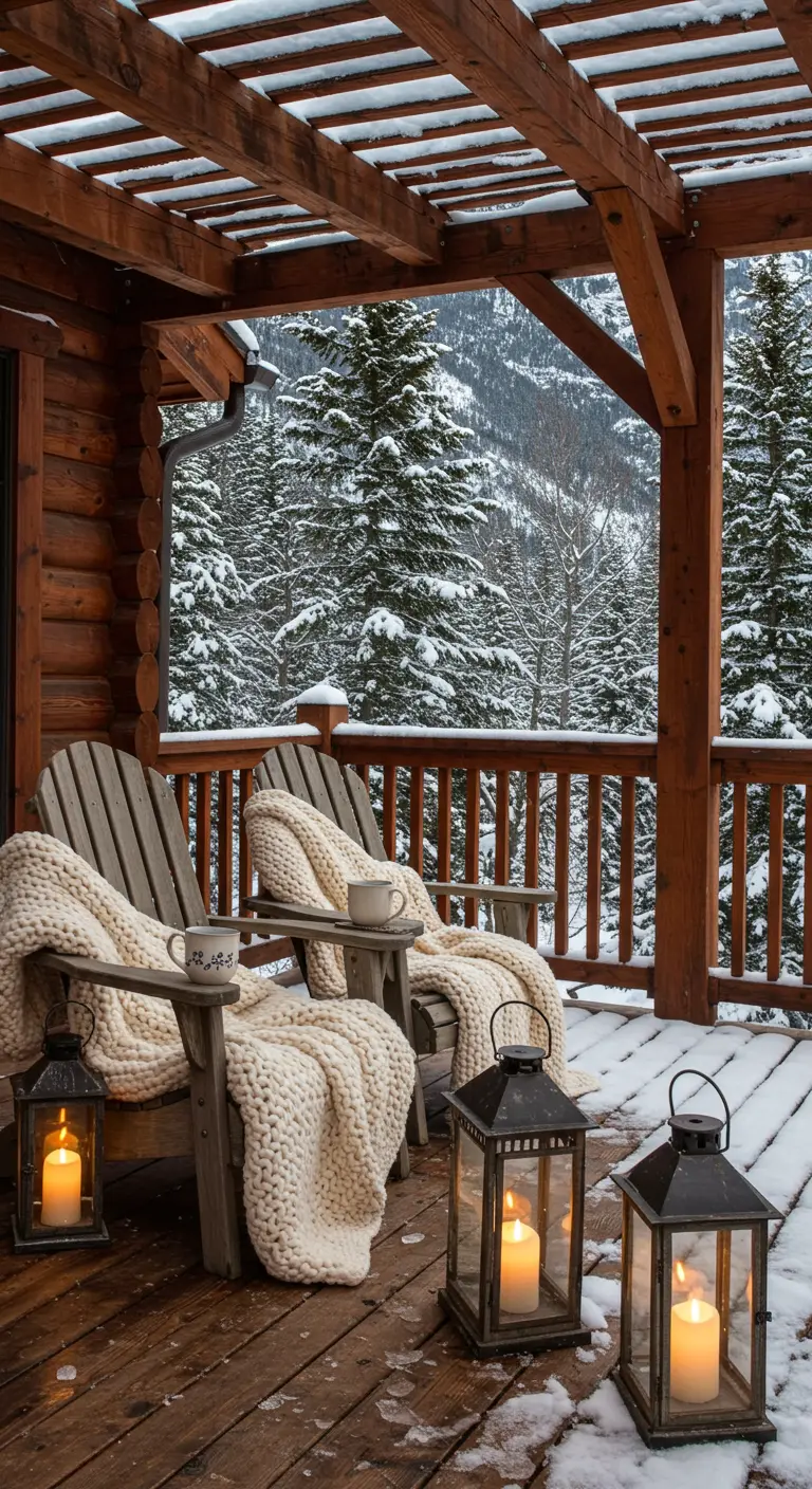 Adirondack chairs with chunky knit throws on a snowy cabin porch with floor lanterns.