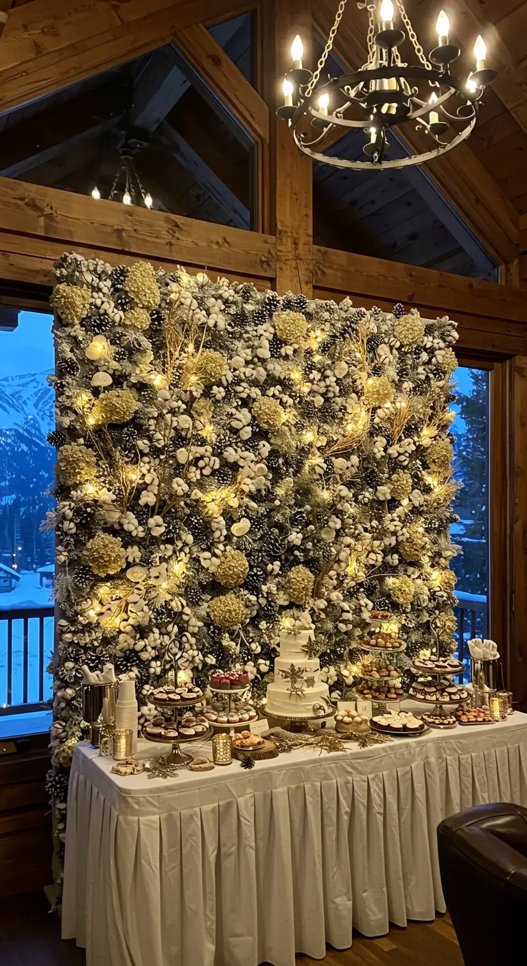 A winter-themed flower wall with pinecones, dried flowers, and fairy lights behind a dessert table.