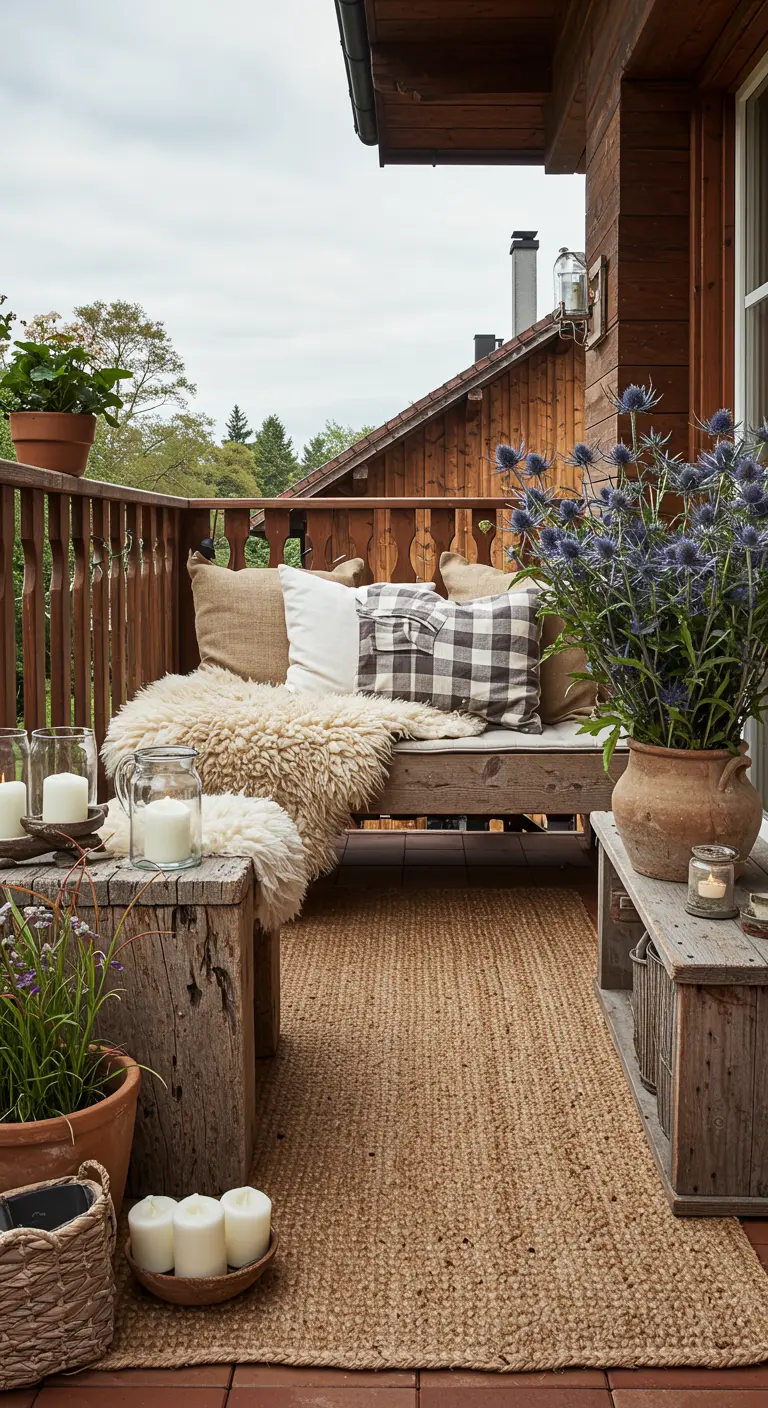 A cozy wood balcony with a bench covered in a sheepskin throw, a jute rug, and potted thistles.