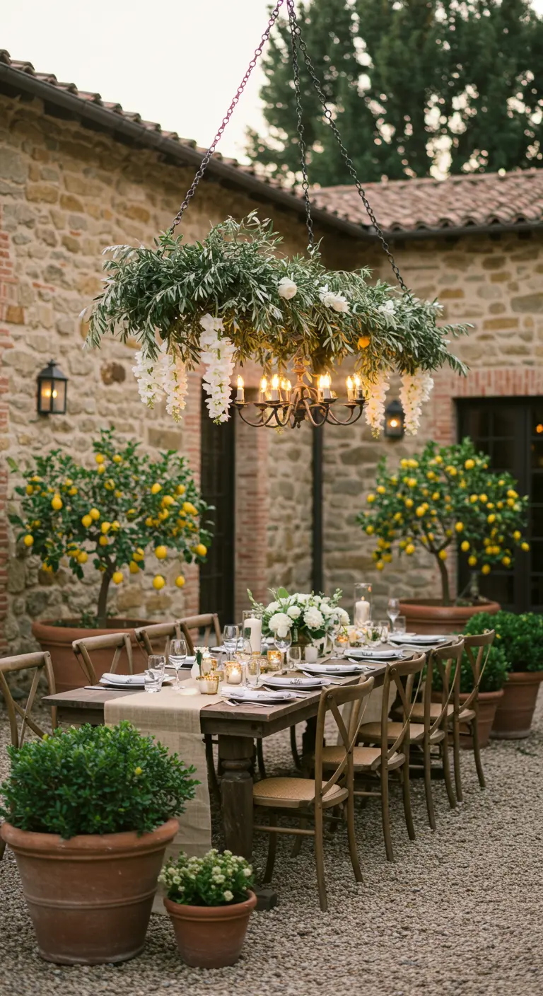 An iron chandelier decorated with olive branches and white flowers in a Tuscan-style courtyard.
