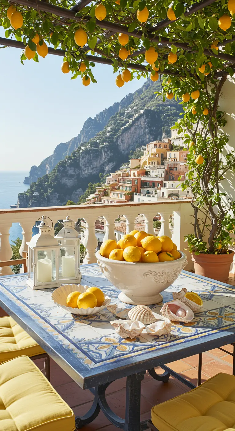 Tiled table with lemons, white lanterns, and shells, overlooking the Amalfi coast.