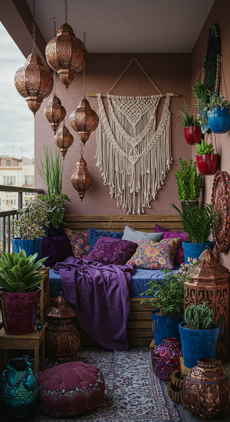 A bohemian balcony filled with purple and blue cushions, macrame, and copper lanterns.