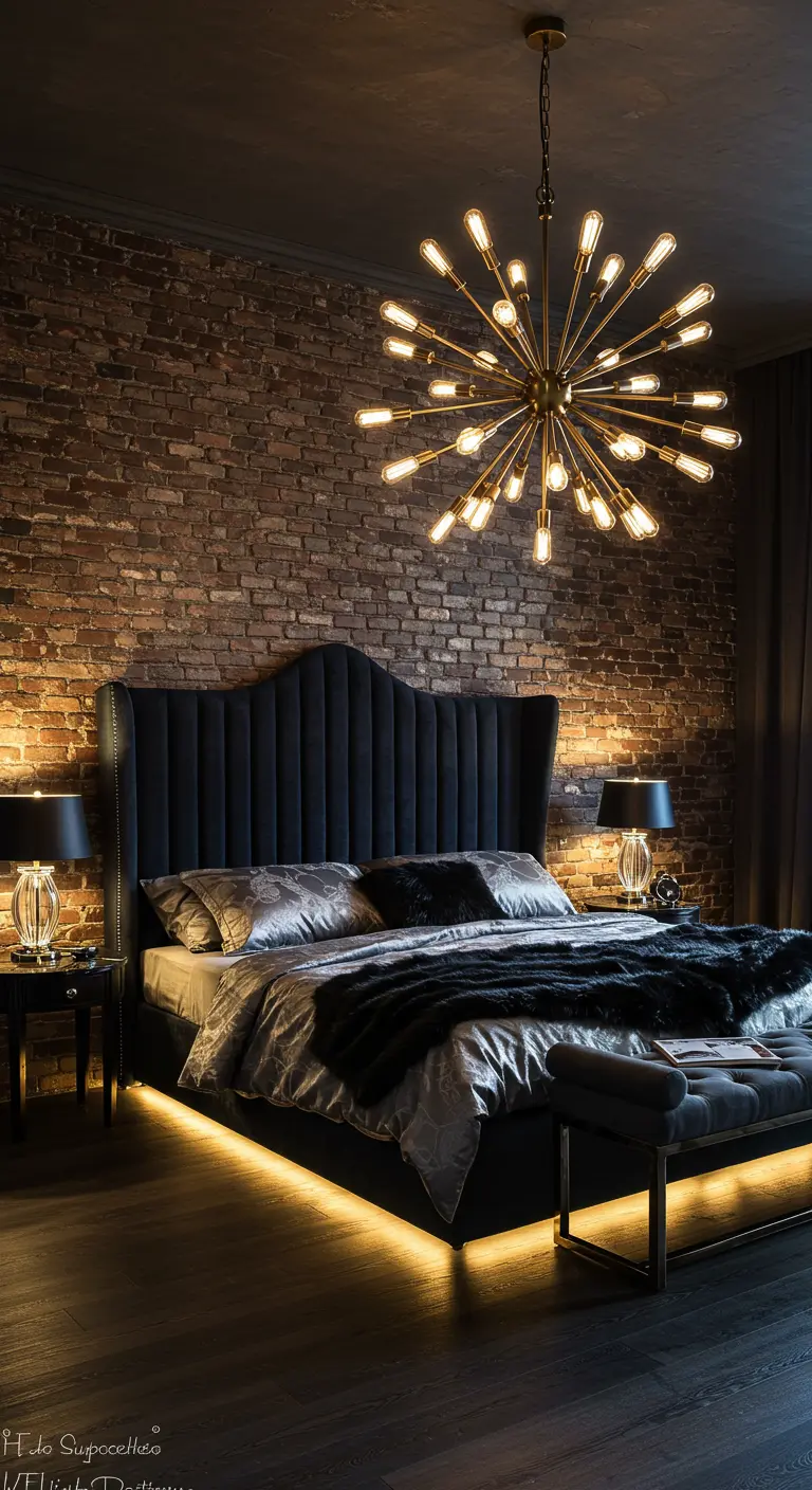 A dramatic, dark bedroom with a large velvet headboard, a sputnik chandelier, and under-bed lighting.