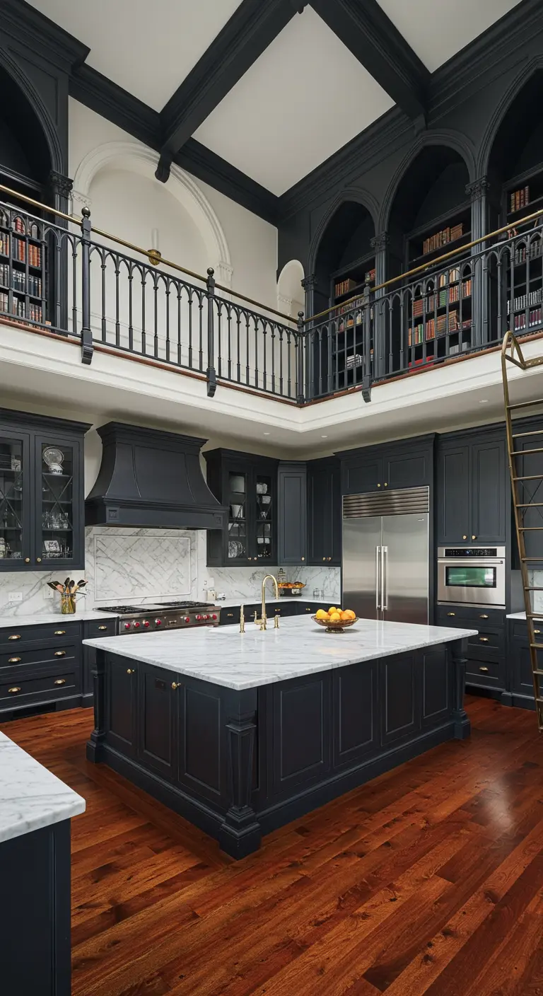 A grand two-story kitchen with black cabinets that reach up to a library mezzanine.