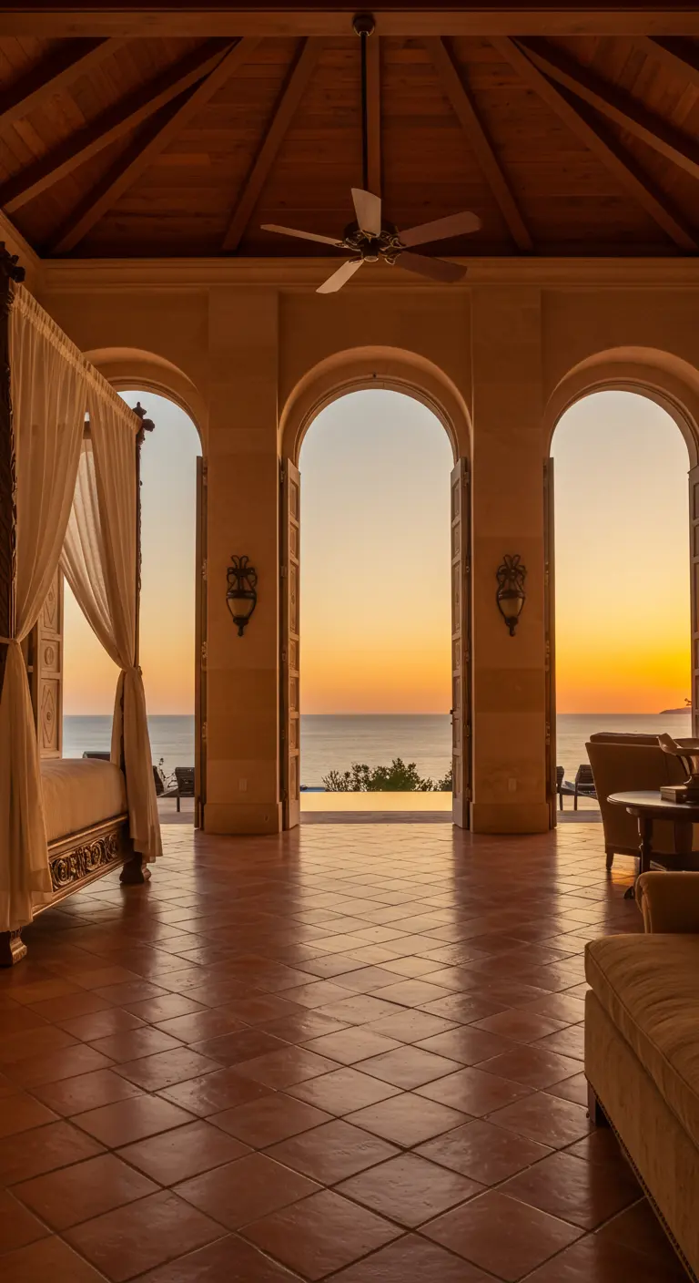 Grand bedroom with three arched doors opening to a poolside patio with an ocean sunset view.