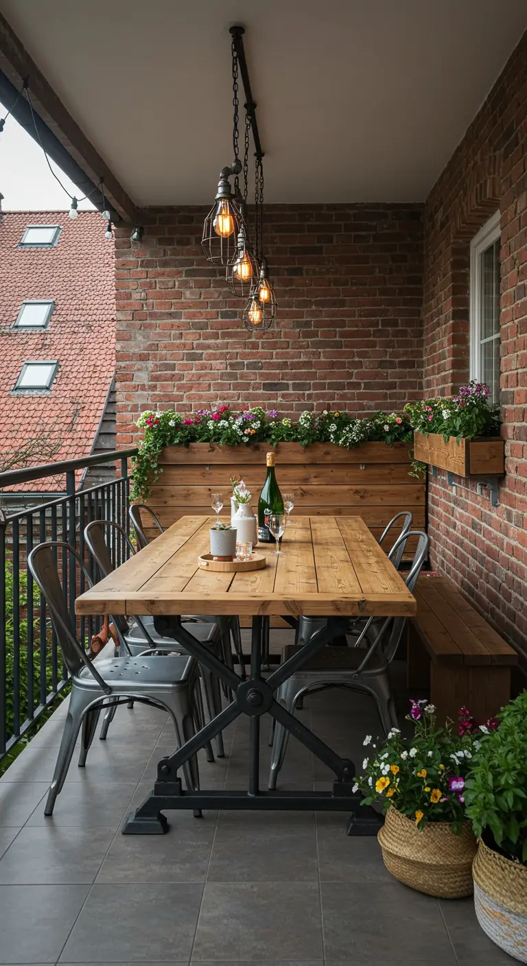 A balcony dining area with a large wooden table, metal chairs, and a flower-filled planter box.