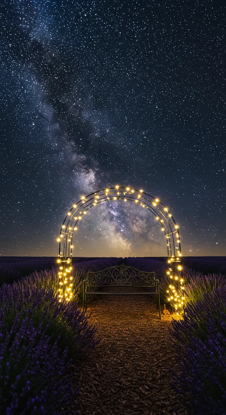 Metal bench under a garden arch wrapped in fairy lights under a starry sky.