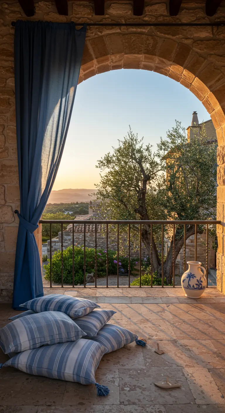 View through a stone archway from a balcony with blue and white striped pillows.