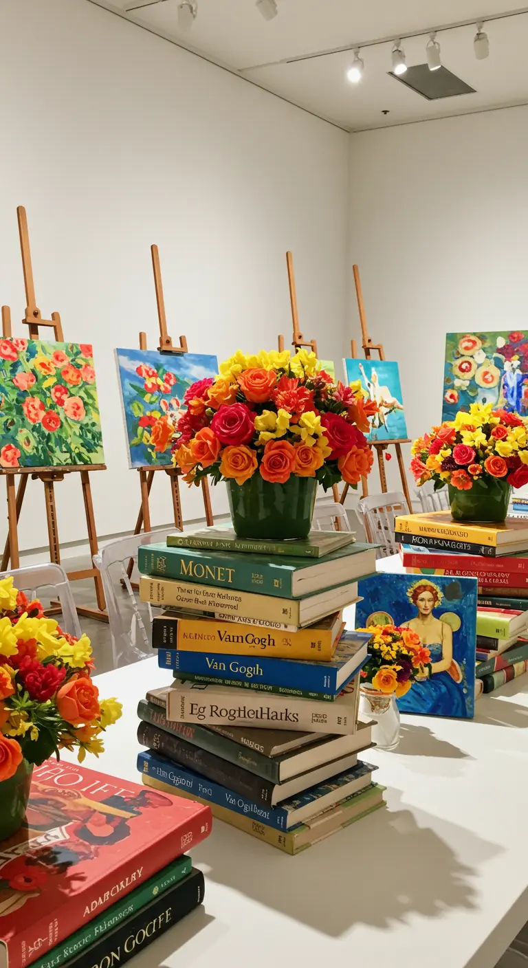 Party table with tall stacks of art books topped with colorful flowers, surrounded by easels.