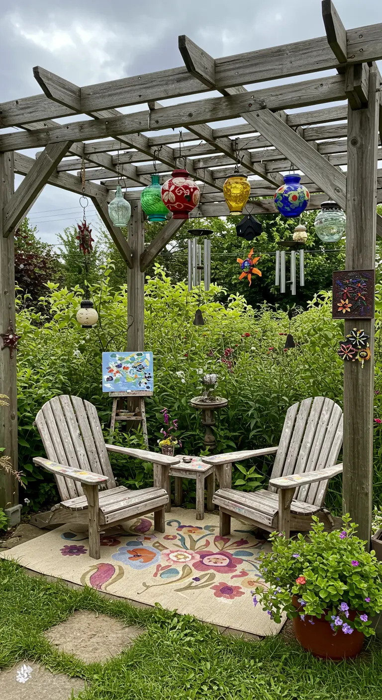 Two Adirondack chairs under a pergola adorned with colorful hand-blown glass lanterns and wind chimes.