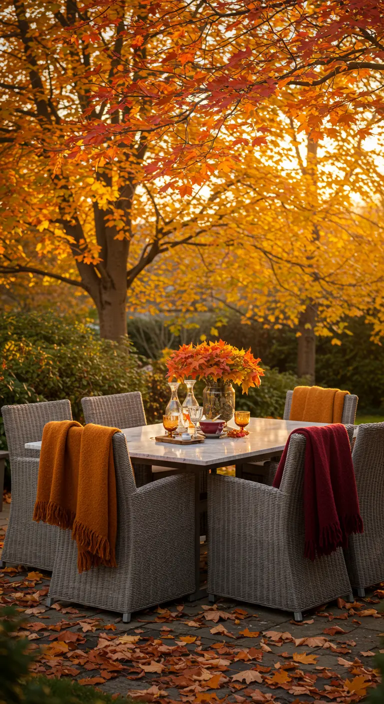 An autumn patio with a marble table, wicker chairs with warm-colored throws, and fall foliage.