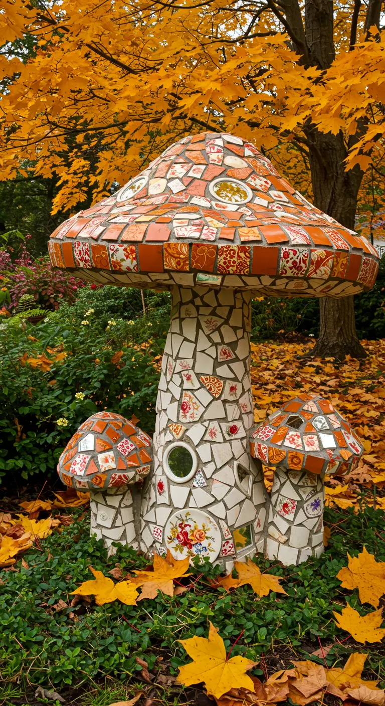 Mosaic mushroom sculpture with orange and white tiles under a tree with yellow leaves.
