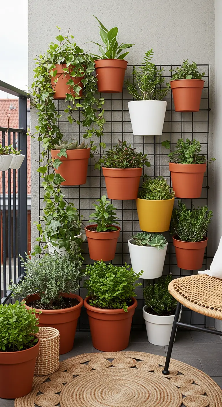 A black grid panel with a mix of terracotta, white, and yellow pots holding various plants.