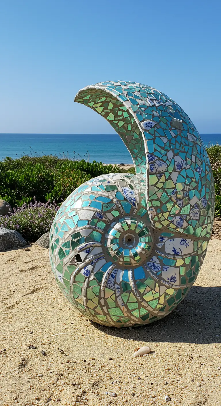 A large mosaic nautilus shell sculpture in sea-green tiles on a sandy beach.