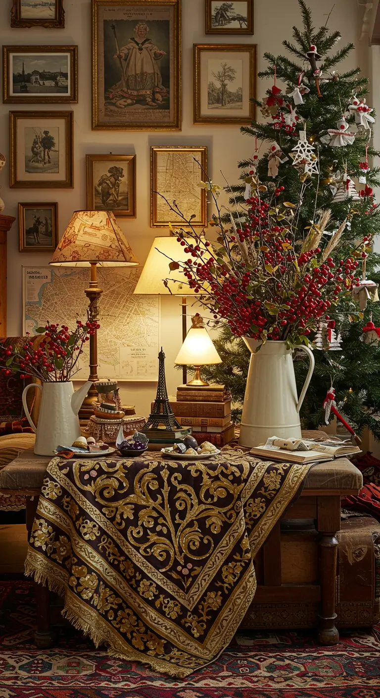 An eclectic room with a gallery wall, a Christmas tree, and a table with books and berry branches
