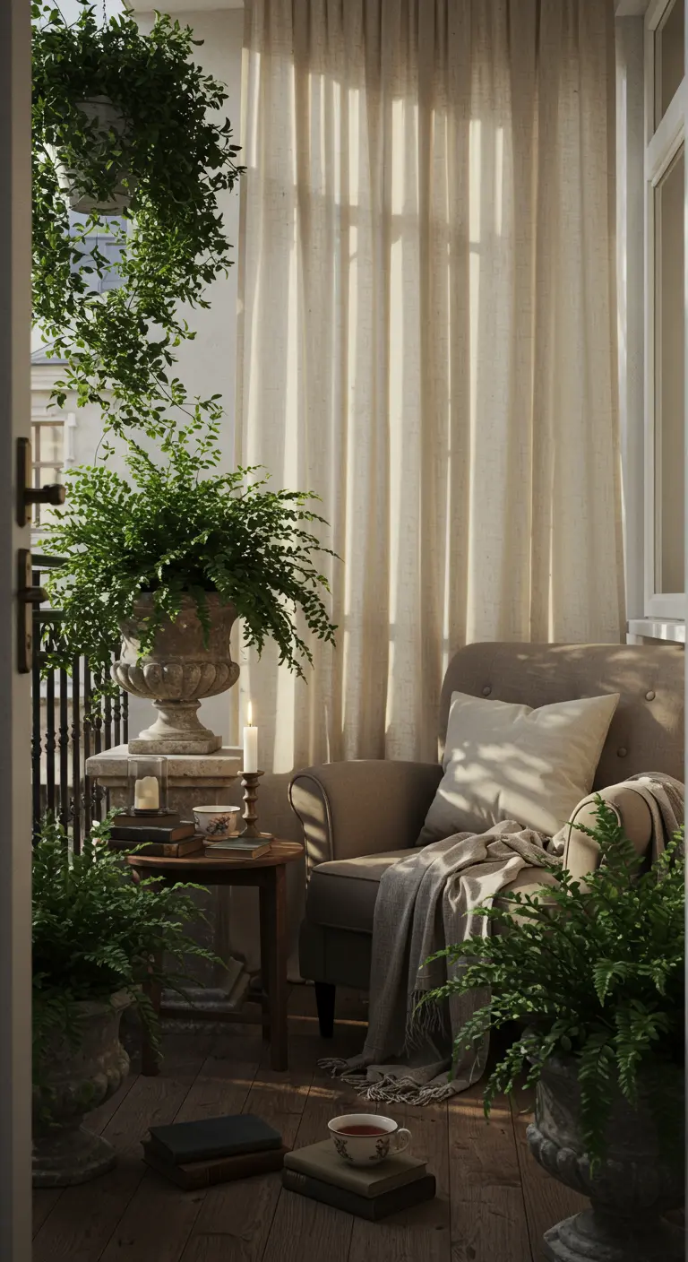 Elegant balcony with a comfy armchair, ferns in classic stone urns, and sheer curtains.