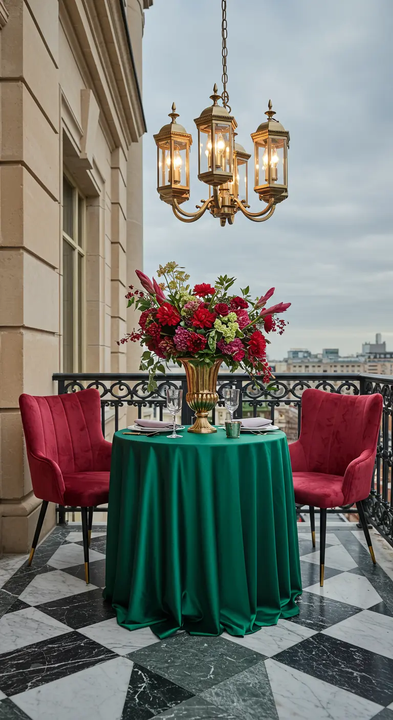 A formal dining setup on a balcony with an emerald tablecloth, ruby chairs, and a chandelier.