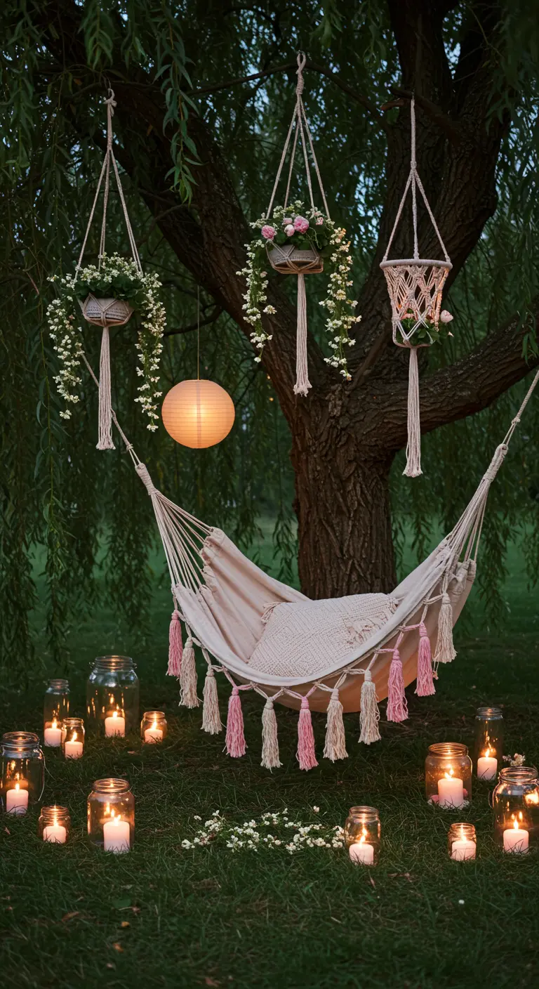 A hammock under a tree at night, surrounded by dozens of candles in jars.