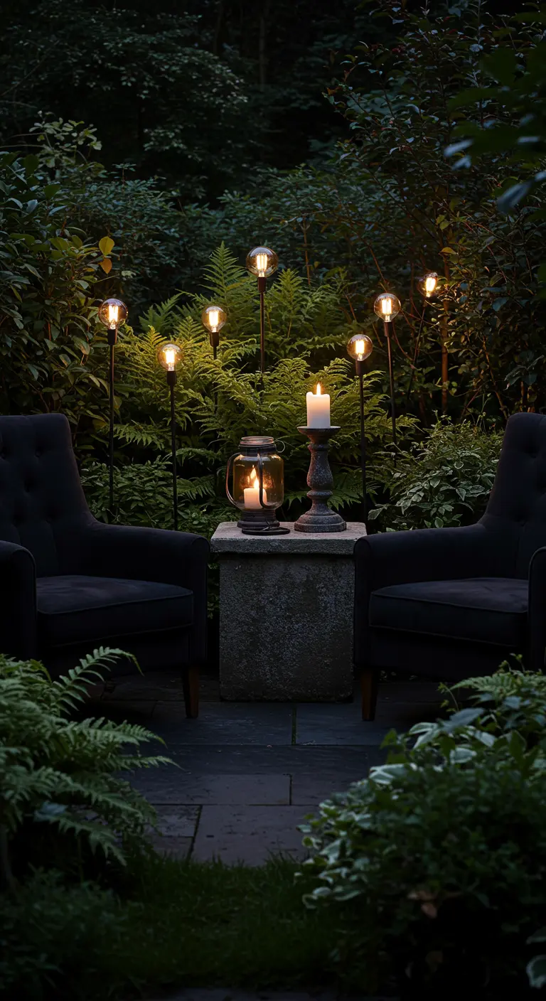 A garden seating area at night with black chairs, surrounded by ferns illuminated by stake lights.
