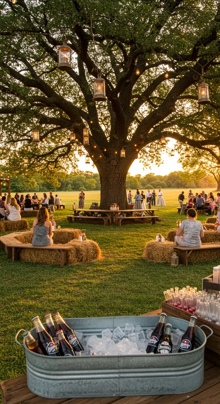 Guests sitting on hay bales under a large tree decorated with hanging lanterns at sunset.