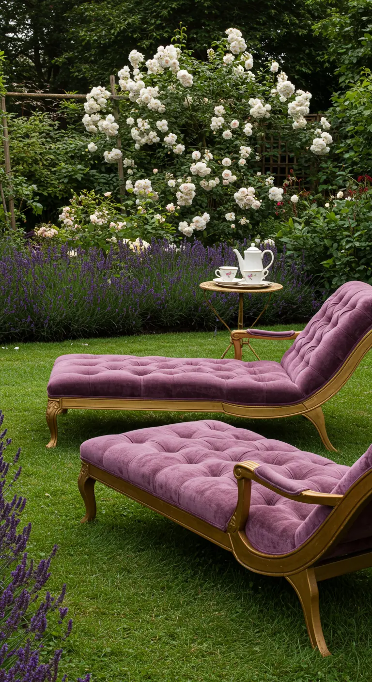 Two ornate purple tufted chaises on a lawn with lavender and white roses.