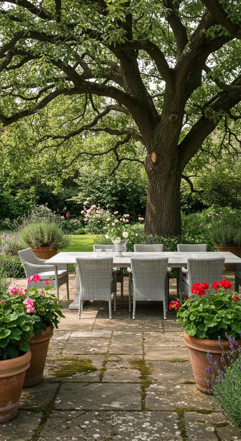 Marble-topped dining table under a large tree in a lush garden.