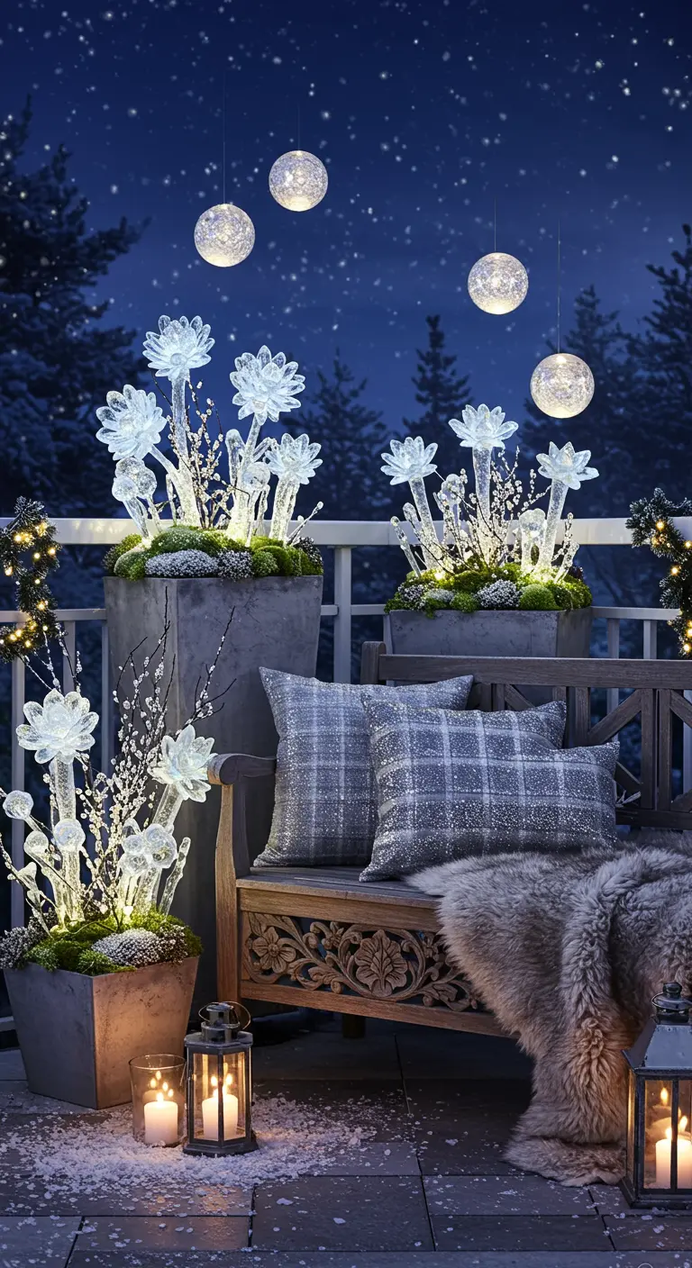 A magical winter balcony with a carved bench, glowing glass flowers, and hanging light orbs.